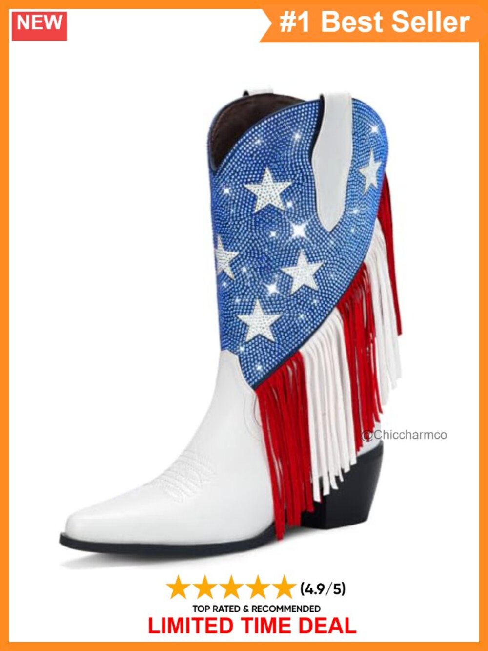 Rhinestone Fringe Cowboy Boots Pointed Toe Chunky Heel Faux Leather Women's